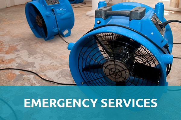 Closed up of 2 blue colored water damage restoration equipment with air fan and wiring are placed on top of a damaged floor with the header title that says "Emergency Services" and that is one of the services of carpet cleaning Albuquerque.